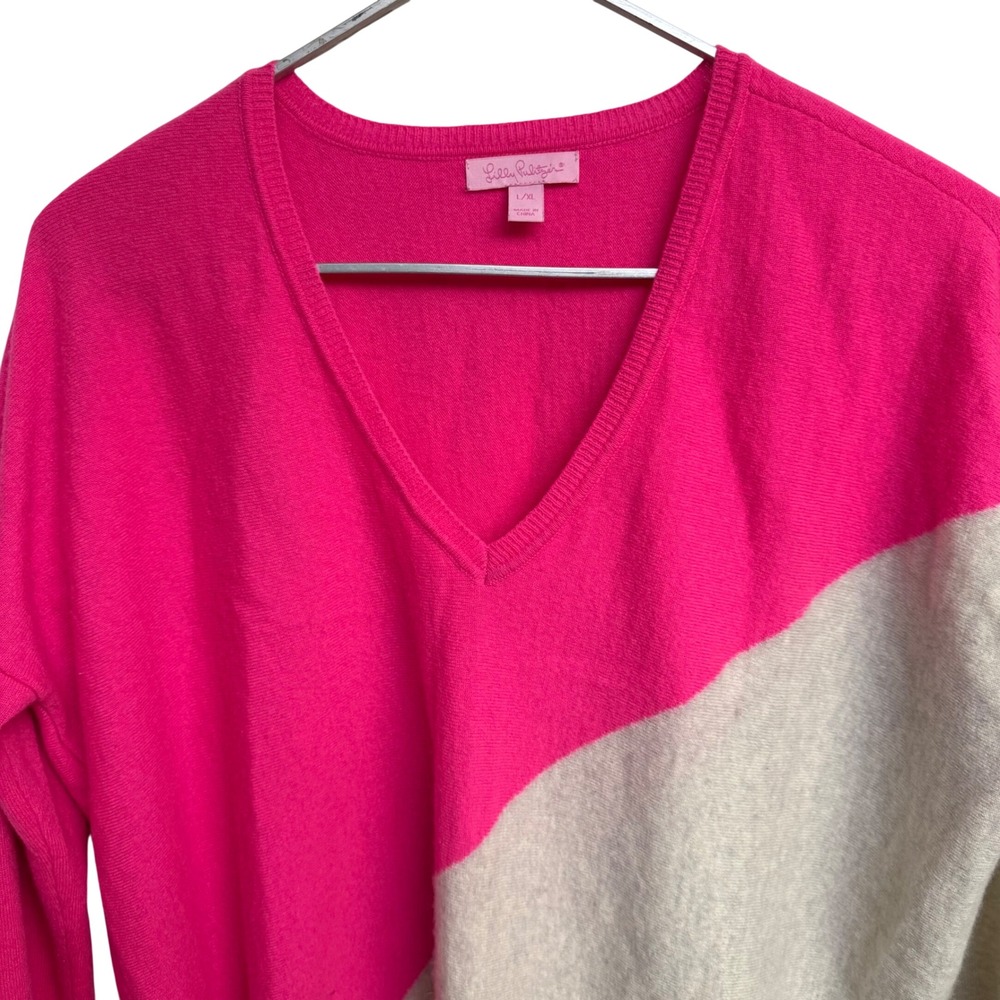 Lilly Pulitzer Sweater L/XL Pink Beige 100% Cashmere V-Neck‎ Long Sleeve *READ - Picture 2 of 9